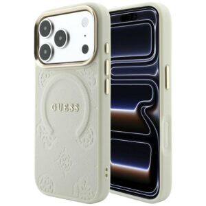 Dėklas Guess Saffiano Peony & Ring MagSafe, skirtas iPhone 18 Pro / 17 Pro, smėlio spalvos
