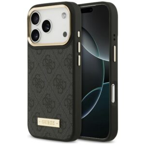 Dėklas Guess 4G Logo Plate MagSafe, skirtas iPhone 18 Pro / 17 Pro, juodas
