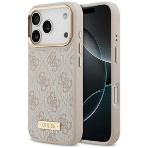 Dėklas Guess 4G Logo Plate MagSafe, skirtas iPhone 18 Pro / 17 Pro, rožinis