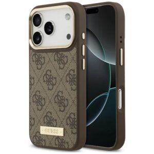 Dėklas Guess 4G Logo Plate MagSafe, skirtas iPhone 18 Pro / 17 Pro, rudas