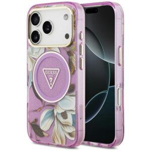Dėklas Guess IML Glitter Flowers Triangle MagSafe, skirtas iPhone 18 Pro Max / 17 Pro Max, violetinis