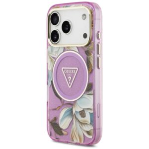 Dėklas Guess IML Glitter Flowers Triangle MagSafe, skirtas iPhone 18 Pro Max / 17 Pro Max, violetinis - Image 2