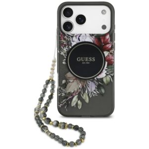 Dėklas Guess IML Flowers Pearl Strap MagSafe, skirtas iPhone 18 Pro Max / 17 Pro Max, juodas