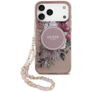 Dėklas Guess IML Flowers Pearl Strap MagSafe, skirtas iPhone 18 Pro Max / 17 Pro Max, rožinis