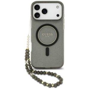 Dėklas Guess IML Glitter Pearl su dirželiu ir MagSafe funkcija, skirtas iPhone 18 Pro Max / 17 Pro Max, juodas