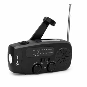 Vakoss FM-3660K“ avarinis FM/AM radijas su dinamo / žibintuvėliu / išorine baterija / saulės baterija