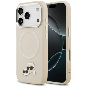 Karl Lagerfeld Karl & Choupette Pins MagSafe dėklas, skirtas iPhone 17 Pro Max, smėlio spalvos