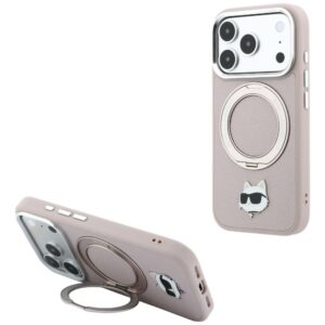Dėklas Karl Lagerfeld su žiediniu stovu 360 Choupette Head Pin MagSafe, skirtas iPhone 18 Pro / 17 Pro, rožinis