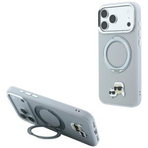 Dėklas Karl Lagerfeld su žiediniu stovu 360 Karl & Choupette Heads Pin MagSafe, skirtas iPhone 18 Pro / 17 Pro