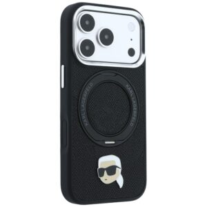 Dėklas Karl Lagerfeld su 360° žiediniu stovu Karl Head Pin MagSafe, skirtas iPhone 18 Pro Max / 17 Pro Max, juodas - Image 4