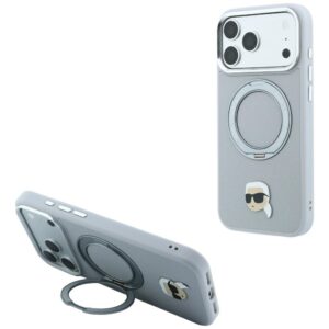 Dėklas Karl Lagerfeld su žiediniu stovu 360 Karl Head Pin MagSafe, skirtas iPhone 18 Pro Max / 17 Pro Max, pilkas