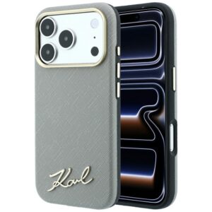 Dėklas Karl Lagerfeld Saffiano Small Script Metal Logo MagSafe, skirtas iPhone 18 Pro / 17 Pro, smėlio spalvos