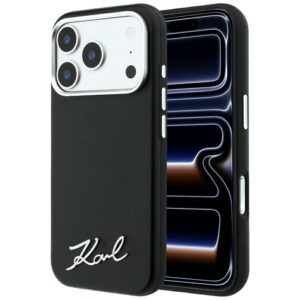 Dėklas Karl Lagerfeld Saffiano Small Script Metal Logo MagSafe, skirtas iPhone 18 Pro / 17 Pro, juodas