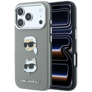 Dėklas Karl Lagerfeld Saffiano su Karl & Choupette Heads smeigtukais ir logotipu, skirtas iPhone 18 Pro / 17 Pro, pilkas