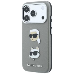 Dėklas Karl Lagerfeld Saffiano su Karl & Choupette Heads smeigtukais ir logotipu, skirtas iPhone 18 Pro / 17 Pro, pilkas - Image 2