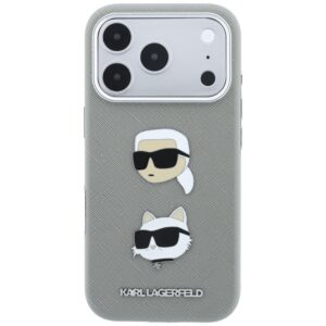 Dėklas Karl Lagerfeld Saffiano su Karl & Choupette Heads smeigtukais ir logotipu, skirtas iPhone 18 Pro / 17 Pro, pilkas - Image 3