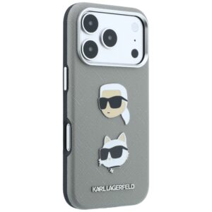 Dėklas Karl Lagerfeld Saffiano su Karl & Choupette Heads smeigtukais ir logotipu, skirtas iPhone 18 Pro / 17 Pro, pilkas - Image 4