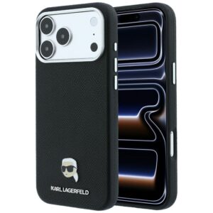 Karl Lagerfeld Grained Karl Head Metal MagSafe dėklas, skirtas iPhone 18 Pro / 17 Pro, juodas