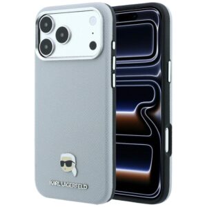 Dėklas Karl Lagerfeld Grained Karl Head Metal MagSafe, skirtas iPhone 18 Pro / 17 Pro, pilkas