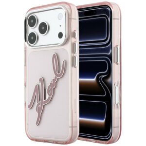 Dėklas Karl Lagerfeld IML Big Signature Resin Metal Frame, skirtas iPhone 18 Pro Max / 17 Pro Max, rožinis