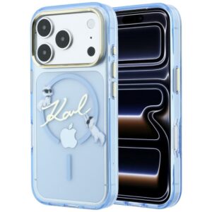 Karl Lagerfeld Script Logo MagSafe dėklas, skirtas iPhone 18 Pro / 17 Pro, šviesiai mėlynas