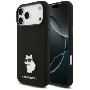 Karl Lagerfeld Silicone Choupette Metal Pin dėklas, skirtas iPhone 18 Pro Max / 17 Pro Max, juodas