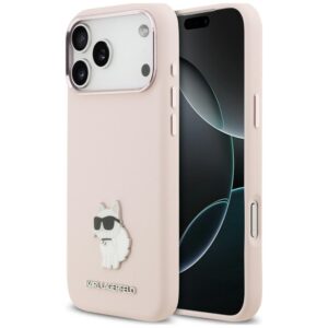 Karl Lagerfeld Silicone Choupette Metal Pin dėklas, skirtas iPhone 18 Pro Max / 17 Pro Max, rožinis