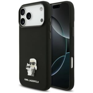 Dėklas Karl Lagerfeld Silicone Karl&Choupette Metal Pin, skirtas iPhone 18 Pro Max / 17 Pro Max, juodas