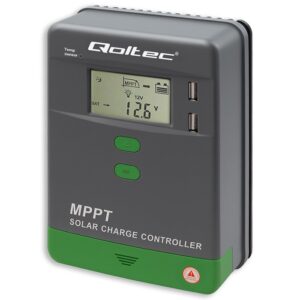 Qoltec 53667 Saulės įkrovimo valdiklis MPPT su temperatūros jutikliu 20A | 12V / 24V | LCD | 2 x USB | GEL | LiFePO4
