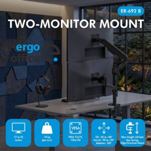 „Ergo Office“ laikiklis / pakaba dviem monitoriams, dujinė spyruoklė, 17–32 coliai, 1–10 kg, matinė juoda, ER-692 B - Image 1
