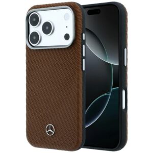 Dėklas Mercedes Leather Semi Wrap Wood Effect MagSafe, skirtas iPhone 18 Pro Max / 17 Pro Max, kupranugario spalvos