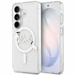 Karl Lagerfeld IML Choupette Karl Script Logo magnetinis dėklas, skirtas Samsung Galaxy S26 FE, skaidrus