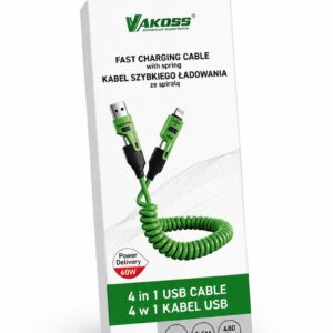 Vakoss MLU680G“ 4 viename kabelis, 1,5 m, 60 W, 3 A, QC/PD, žalias