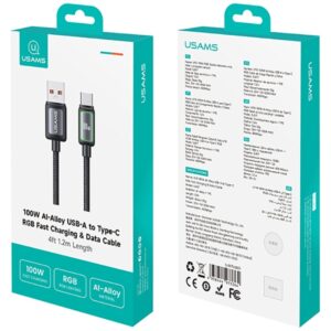 USAMS Al-Alloy SJ817 U110 RGB greitojo įkrovimo 100W USB-A į USB-C laidas 1.2 m juodas - Image 3