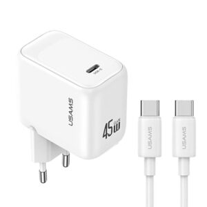 USAMS CC339 T76 45W GaN USB-C sieninis įkroviklis + SJ711 USB-C į USB-C laidas (1m, baltas)