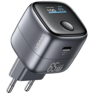 USAMS CC338 T75 65W GaN išmanusis skaitmeninis greitasis įkroviklis USB-C sieninis įkroviklis tamsiai pilkas