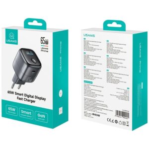 USAMS CC338 T75 65W GaN išmanusis skaitmeninis greitasis įkroviklis USB-C sieninis įkroviklis tamsiai pilkas - Image 9