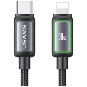 USAMS Al-Alloy SJ816 U110 RGB greito įkrovimo 30W USB-C į Lightning laidas 1.2 m juodas