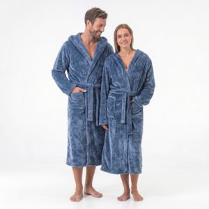 GAUBERT unisex flisinis chalatas su gobtuvu, ilgas, pilkos spalvos S/M - Image 2