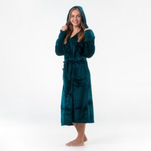 GAUBERT unisex flisinis chalatas su gobtuvu, ilgas, žalsvai mėlynos spalvos S/M - Image 3