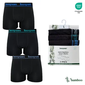 BENYSON bambuko viskozės trumpikės-šortukai vyrams, 3 vnt., juodos su spalvota juosmens juosta, M