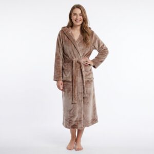 GAUBERT unisex flisinis chalatas su gobtuvu, ilgas, smėlio spalvos S/M - Image 3