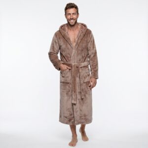 GAUBERT unisex flisinis chalatas su gobtuvu, ilgas, smėlio spalvos S/M - Image 4