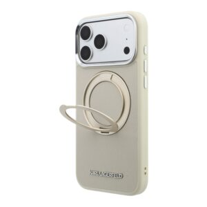 Karl Lagerfeld PU Saffiano dėklas su žiediniu stovu ir MagSafe funkcija, skirtas iPhone 18 Pro, smėlio spalvos