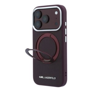 Karl Lagerfeld PU Saffiano dėklas su žiedu-stovu ir MagSafe funkcija, skirtas iPhone 18 Pro, bordo spalvos