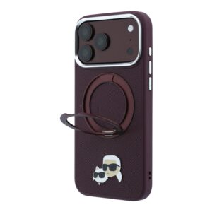 Karl Lagerfeld PU Grained K&CH Heads Ring Stand Magsafe dėklas, skirtas iPhone 18 Pro Max, bordo spalvos