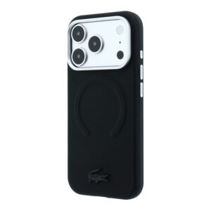 Lacoste PVC Petit Pique pusiau uždengiamas reljefinis MagSafe dėklas, skirtas iPhone 18 Pro, juodas