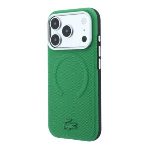 Lacoste PVC Petit Pique pusiau uždengiamas reljefinis MagSafe dėklas, skirtas iPhone 18 Pro, Estragon spalvos
