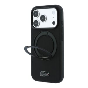 Lacoste PVC Petit Pique pusiau uždengiamas dėklas su žiediniu stovu ir MagSafe funkcija, skirtas iPhone 18 Pro, juodas