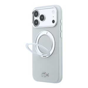 Lacoste PVC Petit Pique pusiau uždengiamas dėklas su žiediniu stovu ir MagSafe funkcija, skirtas iPhone 18 Pro, šviesiai pilkas